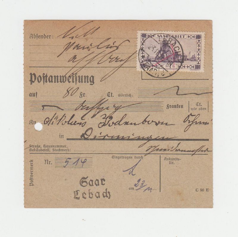 SAAR 1931, RECEIPT CARD, LEBACH CDS, 1Fr RATED (SEE BELOW) 