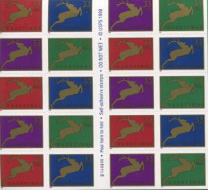 1999 Pane of 20 SA Die-Cut USA Stamps #3363a Christmas Reindeer Brookman $65