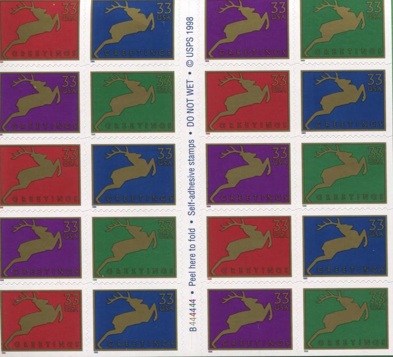 1999 Pane of 20 SA Die-Cut USA Stamps #3363a Christmas Reindeer Brookman $65