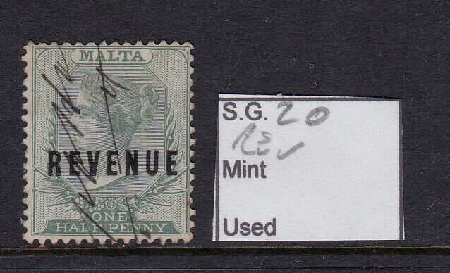 MALTA SG 20, ½d green, VFU. Revenue Stamp 