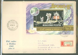 Hungary C295 1969 Honoring Apollo II souvenir sheet on an addressed cacheted oversized FDC