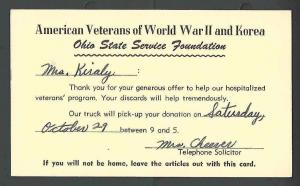 1960 PC CLEVELAND OH AMERICAN VETERANS OF WW2 & KOREA NEEDS DONATIONS SEE INFO