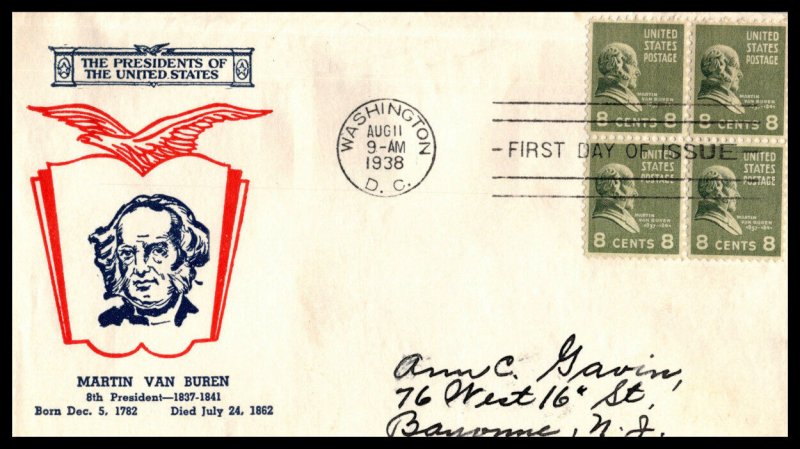 1938 Presidential Series Prexy Sc 813-20 8c with Fidelity cachet Van Buren (BL