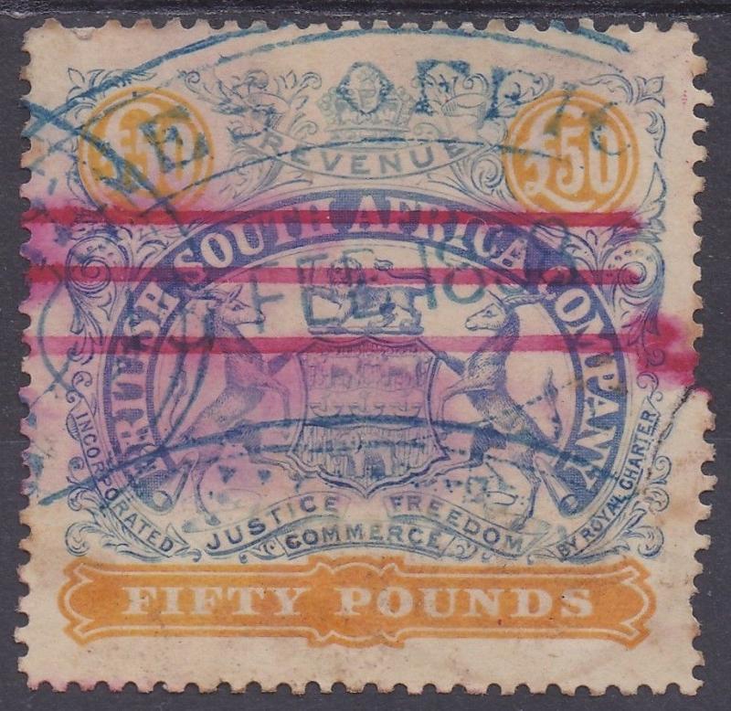 RHODESIA 1896 ARMS REVENUE 50 POUNDS USED 