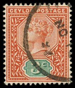 CEYLON Sc 132 XF/USED - 1893 3c Queen Victoria - Well Centered-Strong Color