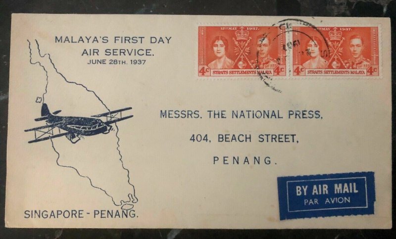 1937 Singapore Malaya Airmail First Flight Cover FFC To Penang