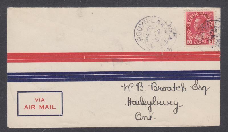 Canada Sc CL5, 109 on 1925 NORTHERN FIRST FLIGHT cover, ROUYN LAKE to HAILEYBURY