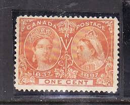 Canada-Sc#51-Unused 1c orange-QV Diamond Jubilee-og- heavy hinge-1897-Cdn185-pap