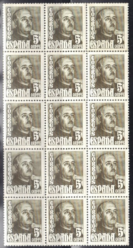 SPAIN SC# 750  **MNH** 1948-49 BLOCK OF 15  5c SEE SCAN