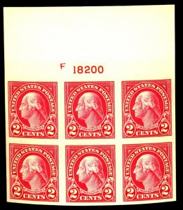 U.S. #577 MINT PL# BLOCK OF 6 OG LH