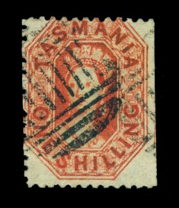 TASMANIA 1864 Queen Victoria  1sh vermilion - perf. 12 - Scott # 34 used