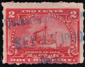 R164p 2¢ Battleship Documentary Stamp: Hyphen Hole  Perf 7 (1898) Date Stamped