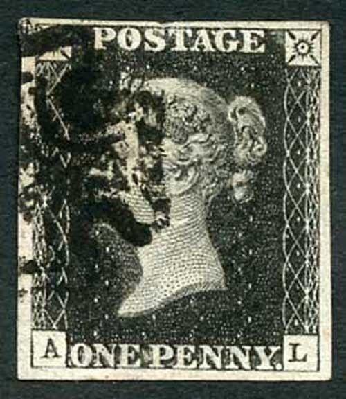 Penny Black (AL) Plate 6 (light thin and a bend) Four Margins