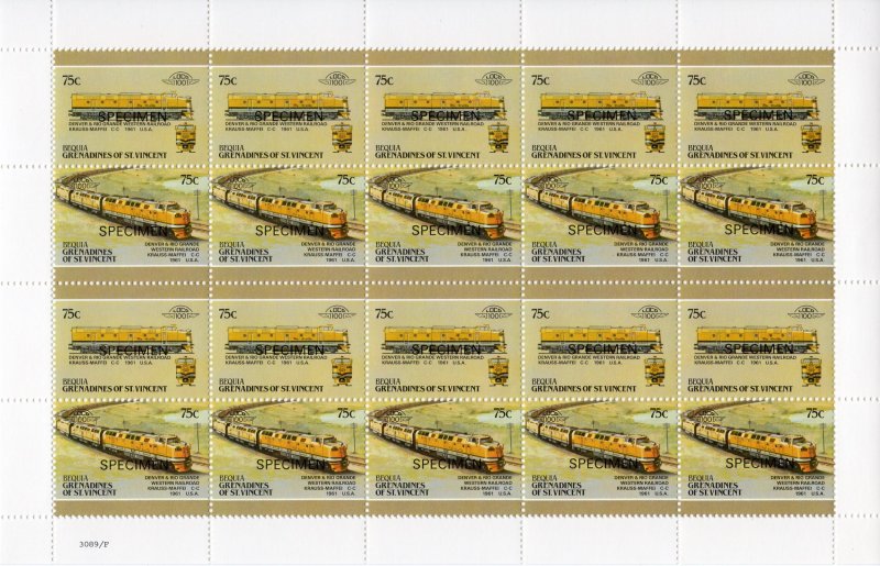 Bequia 1987 Locomotives #5 (8 Pairs) 8 Mini-Sheetlets SPECIMEN UNFOLDED MNH