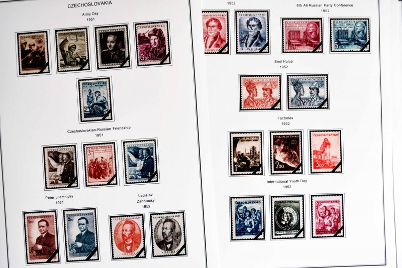 COLOR PRINTED CZECHOSLOVAKIA 1945-1955 STAMP ALBUM PAGES (52 illustrated pages)