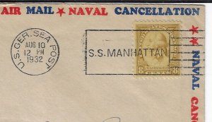 1932 1st Voyage SS Manhattan cachet cvr w/ US German Sea Post cxl,Sc# 713  (c158