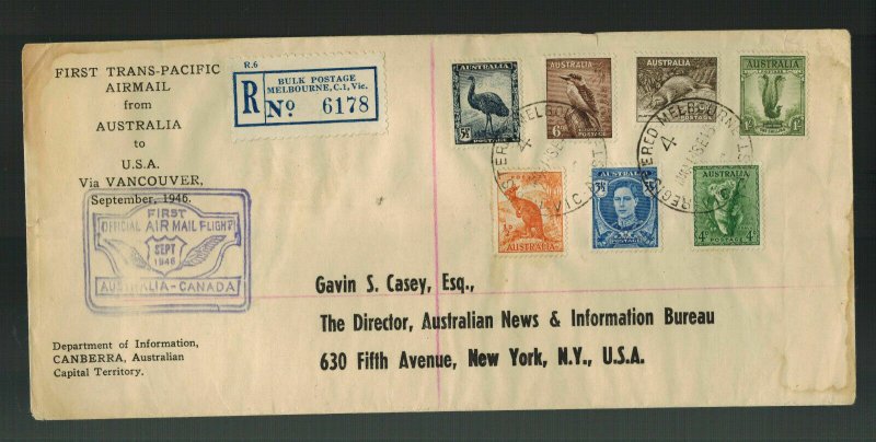 1946 Australia to USA via Canada  FFC First Flight Cover Trans Pacific