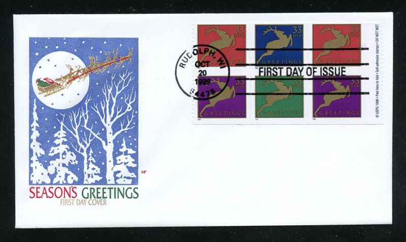 US 3367c Christmas 1999 - Bklt pane 6 Blk  UA Farnam (HF) cachet FDC 