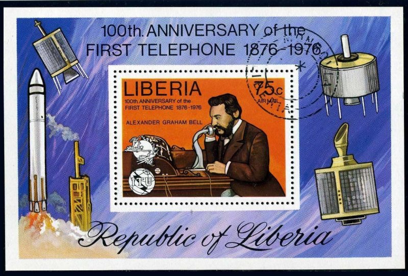 Liberia C212,CTO.Michel 1003 Bl.81A. Alexander Graham Bell 1976.UPU,ITU.