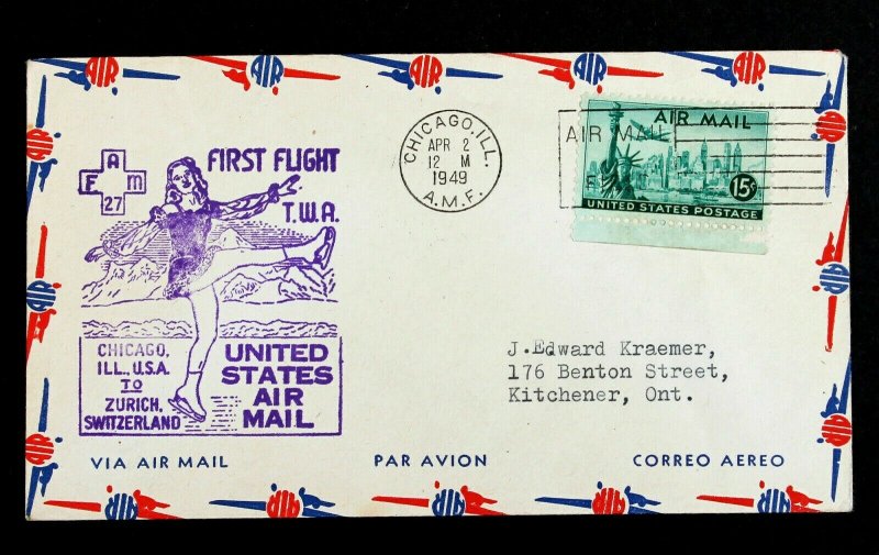 US Stamp Sc# C35 First Flight Cover FAM 27 - Chicago to Zurich 1949 Slogan .