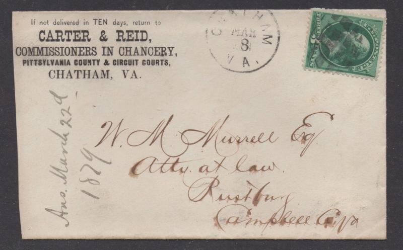 **US 19th Century Advertising Cover Scott #156, Chatham, VA 3/8/1879, Fancy Cxl