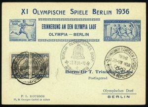 Greece to Germany Berlin 1936 Olympic Games Village Special Postmark Card Europe