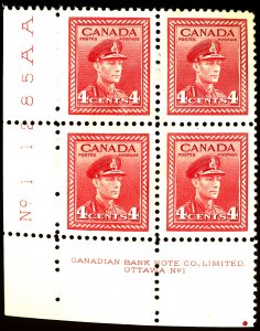 CANADA #254 MINT PL# BLOCK OF 4 OG HR