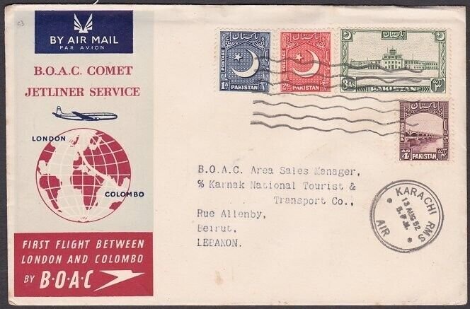PAKISTAN 1952 BOAC first flight cover to Beirut, Lebanon....................z717 