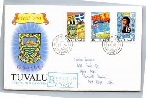 TUVALU - ROYAL VISIT 1982 SET OF 3 ON PRIVATE CACHET ENVELOPE REG'D TO USA 1982