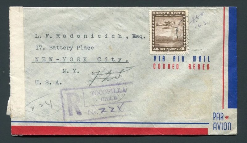 1942 Registered - Tocopilla, Chile to New York, NY USA - Good Backstamps!