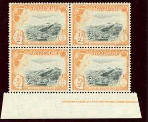 Swaziland 1956 QEII ½d black & orange imprint block superb MNH. SG 53.