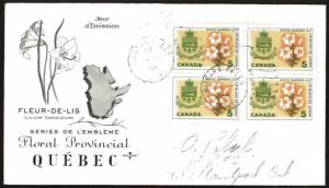 CANADA SC#419 Prov. Flowers & Coats of Arms Quebec, BLK 4 (1964) FDC