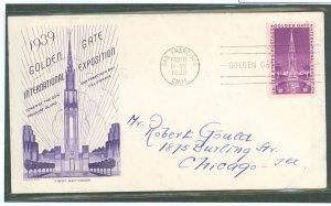 US 852 1939 3c Golden Gate Expo single on an addressed single FDC with a Grimsland Cachet