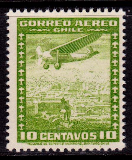 Chile C90 MNH - Airplane Airmail 10c Yellow-Green No Watermark - 1935