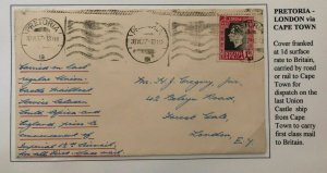 1937 Pretoria South Africa Last Day Of Service Cover To London England