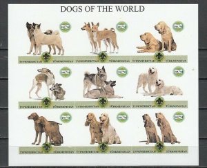 Turkmenistan, 1999 Russian Local. Various Dogs, IMPERF sheet of 9.  Scout Logol