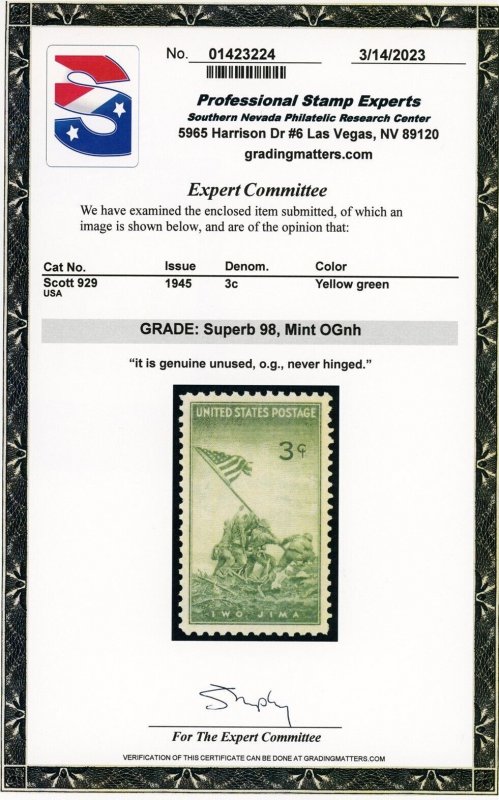 US Stamp #929 Iwo Jima 3c - PSE Cert - SUPERB 98 - Mint OGNH - SMQ $150.00