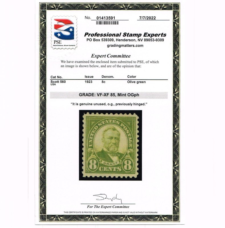 EXCELLENT GENUINE SCOTT #560 MINT OG H 1923 PERF-11 PSE CERT GRADED VF-XF 85