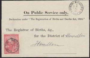 TASMANIA 1907 Birth notice MACQUARRIE PLAINS to Hamilton with T perfin 1d...5696