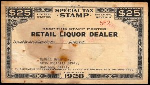 U.S. REV. STAX -RET. LIQ. DEALER FYE 1928  Used (ID # 89069)- L