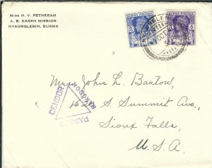 Nyaunglebin, Burma to Sioux Falls, SD 1941 Rangoon Censor (C4642)