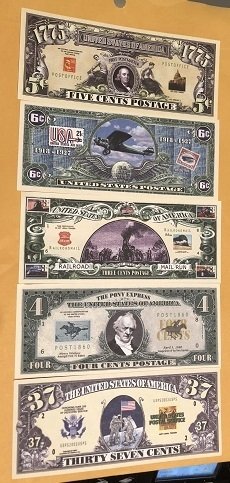 Novelty Currency Featuring US Postage Stamps, 2 each of 5 Different = 10 bills