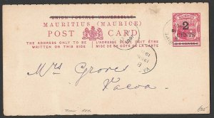 Mauritius 1900 2c on 8c (thin bar) Postal reply card, (outbound half) H&G21 g-