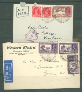 India 153/155/161 2 airmail & censored covers, Bombay & Fort George to England, 12/30/39 tear