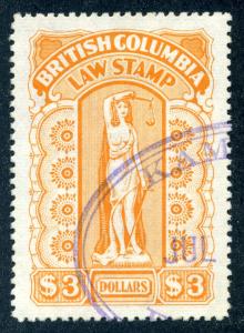 van Dam BCL55a - $3 orange - very thick stiff paper - British Columbia Law Sta