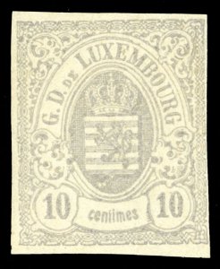 Luxembourg #33c Cat$3,000 (for hinged), 1875 10c gray lilac, imperforate sing...