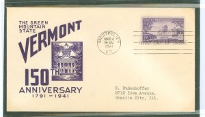 US 903 1941 3c Vermont Statehood/150th anniversary (single) on an addressed first day cover with a Macos cachet.