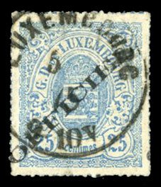 Luxembourg #O6 Cat$140, 1875 25c blue, neat cancel, with 2003 Sismondo certif...