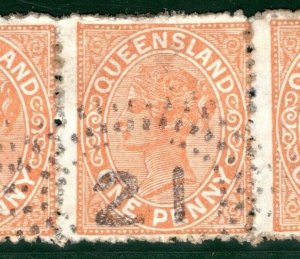 Australia States QUEENSLAND QV Stamps Strip of 3 1d *21* Numeral Used EBLUE108