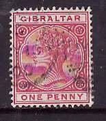 Gibraltar-Sc#10- id10-used 1p QV-1887-please note rainbow colouring around centr